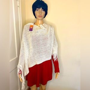 New - Lida Collection Cream and Silver Fringe Poncho -One Size